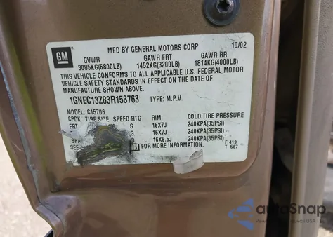 2003 Chevrolet Tahoe Ls из США, поврежденный, VIN 1GNEC13Z83R153763